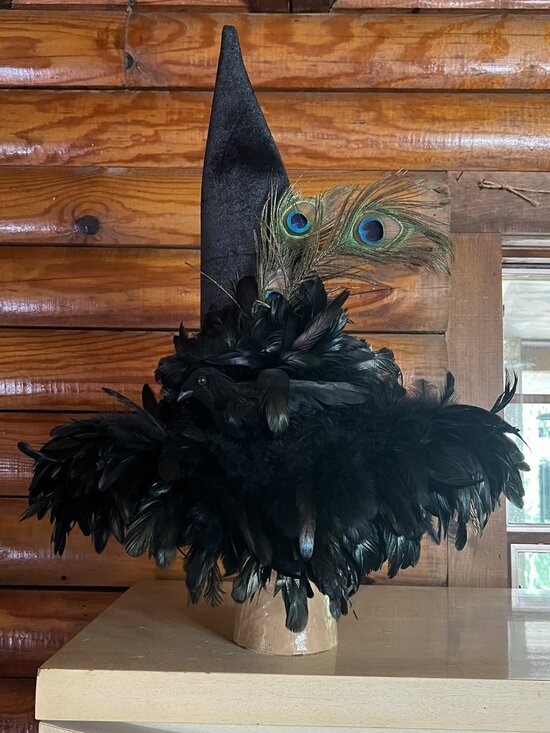 One-of-a-Kind Handmade Felt Witch\'s Hat with Nest of Feathers & Raven/Crow main image 5